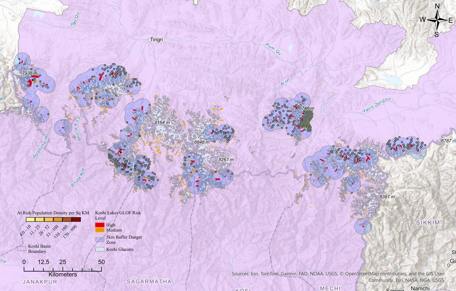 Population-exposure map of the Koshi Basin rendered as density hexagons within 5 km buffer danger zones around high-risk glacial lakes.