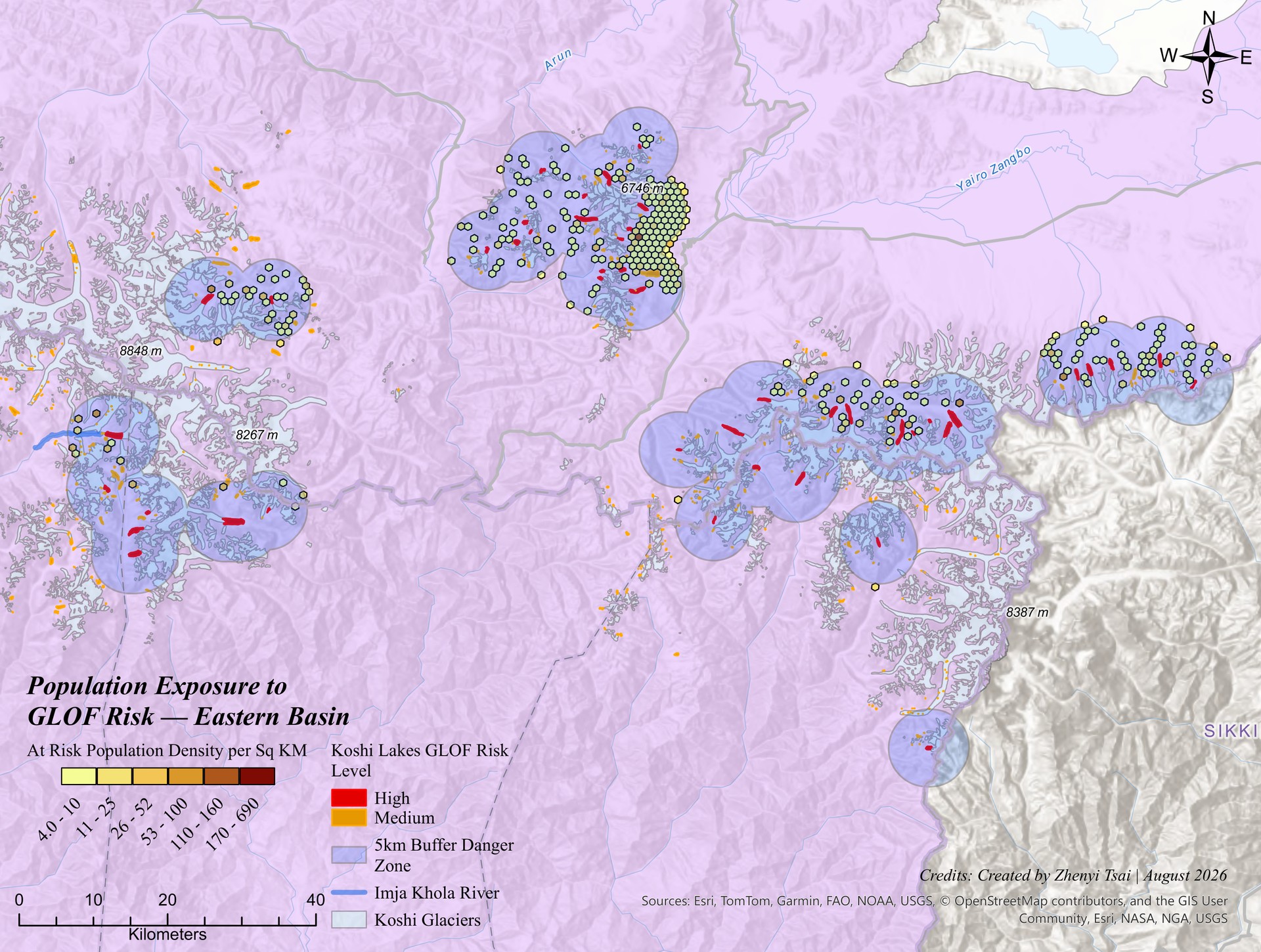Eastern Koshi Basin population-exposure detail toward the Arun valley.