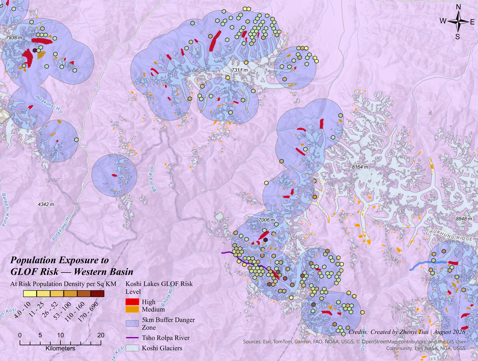 Western Koshi Basin population-exposure detail around the Tsho Rolpa area.