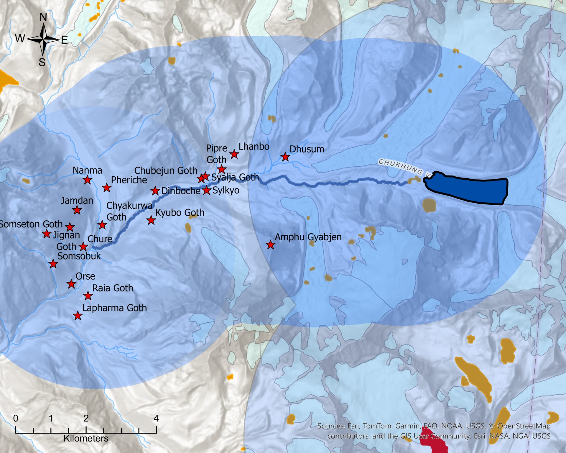 Imja Tsho downstream flood-corridor map tracing the Imja Khola into the Dudh Kosi and the settlements at risk.