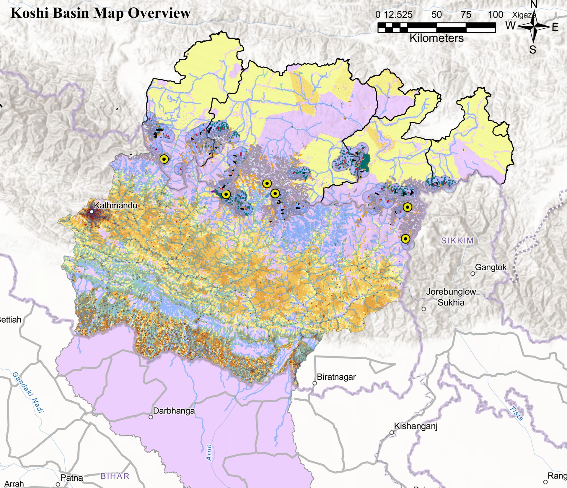 Overview map of the Koshi Basin spanning from the high Himalaya into the Bihar plains, showing population density, glacier extent, recorded GLOF events from 1920 to 2020, and the 5 km buffer danger zone.