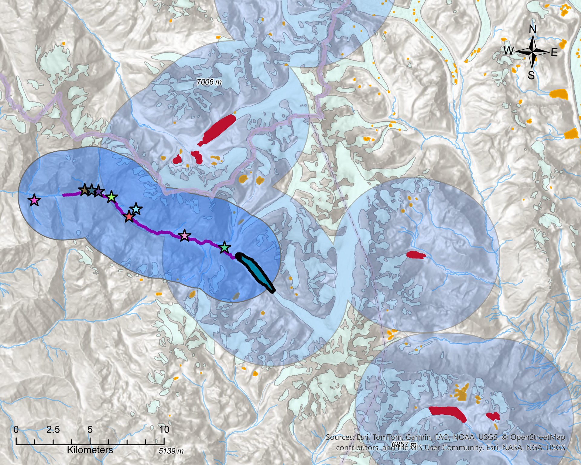 Tsho Rolpa downstream flood-corridor map tracing the Rolwaling Khola into the Tama Kosi and the settlements at risk.