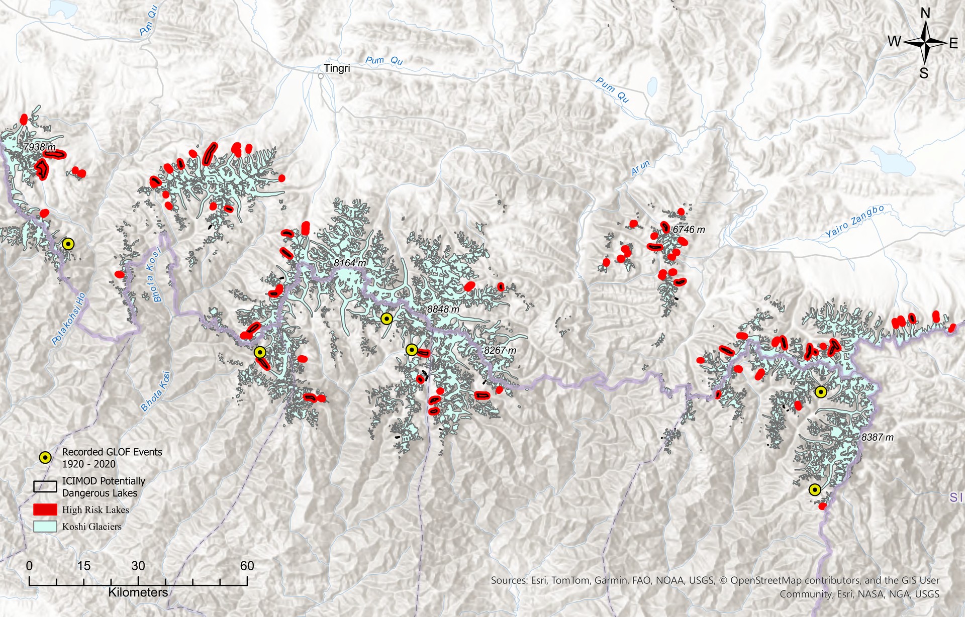 Validation map overlaying the model's high-risk lakes on ICIMOD's inventory of potentially dangerous glacial lakes, showing strong agreement across the basin.